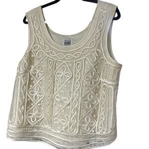 R&M vintage Ribbon Laced Front tank top shell Sheer Lined off white size 18